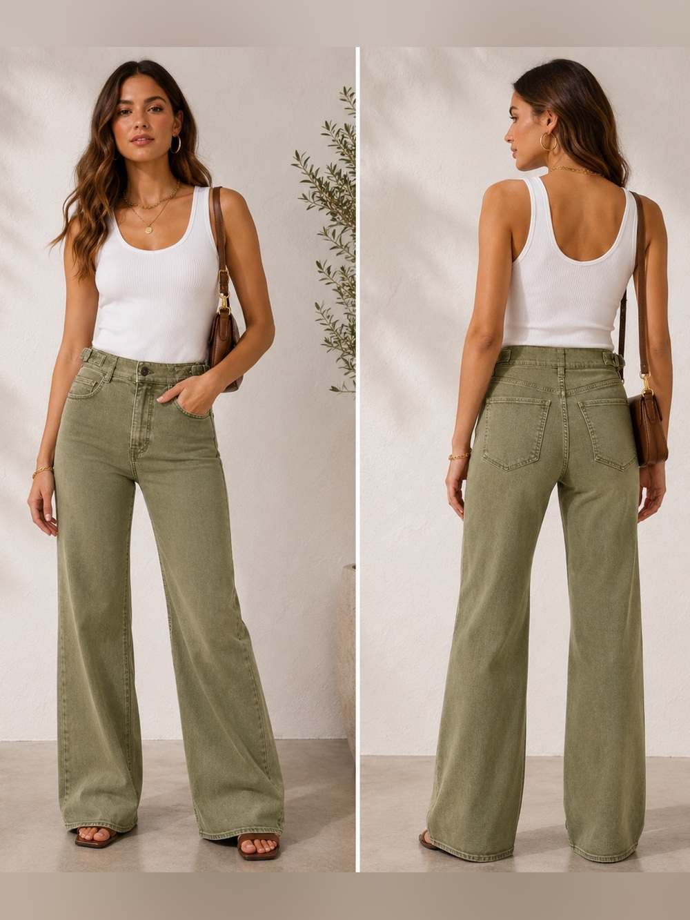 Veronica Beard Crosbie Wide Leg Jeans Stone Army Green High Rise Size 25